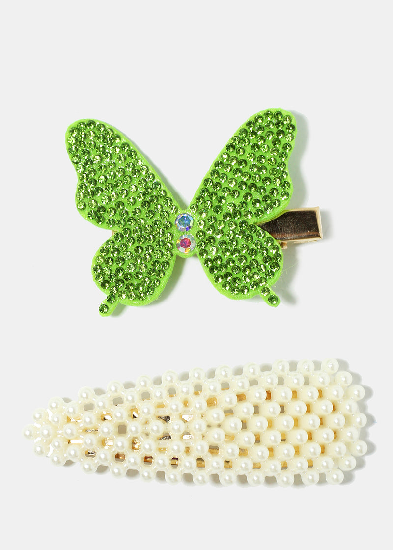 2-Piece Butterfly & Pearl Hairpins Green HAIR - Shop Miss A