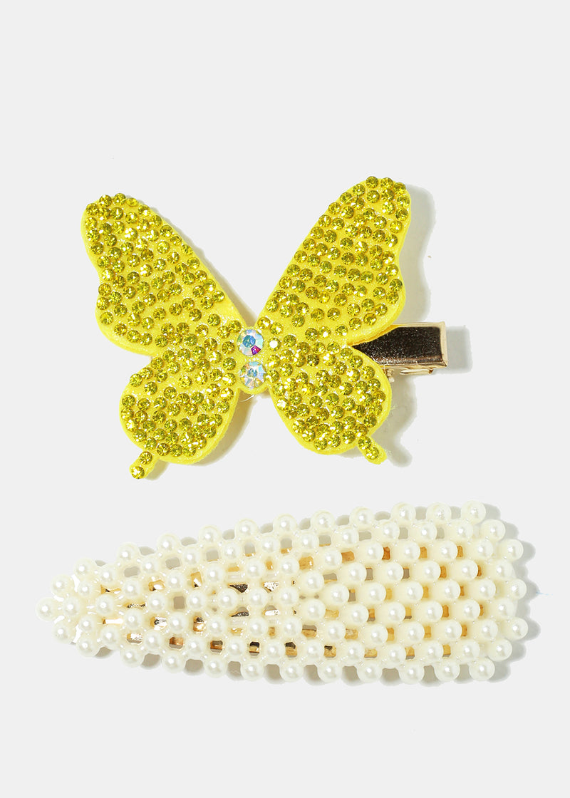 2-Piece Butterfly & Pearl Hairpins Yellow HAIR - Shop Miss A