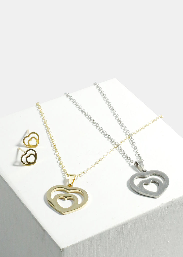 Double Heart Necklace and Earring Set  JEWELRY - Shop Miss A