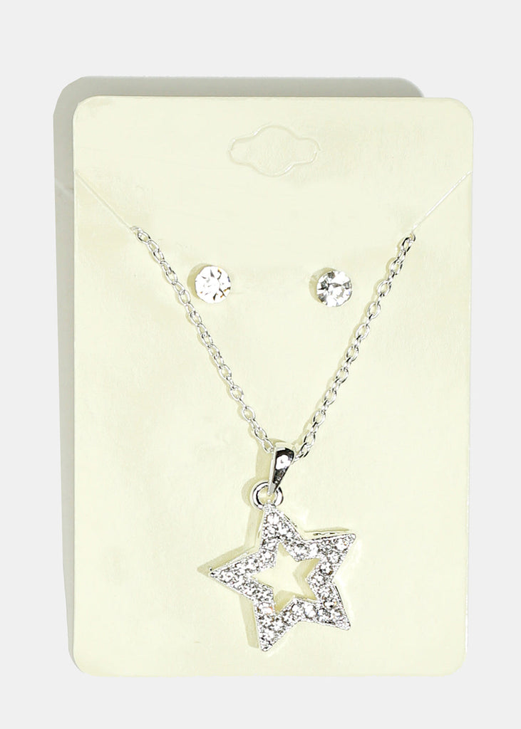 Rhinestone Star Necklace & Earring Set Silver JEWELRY - Shop Miss A