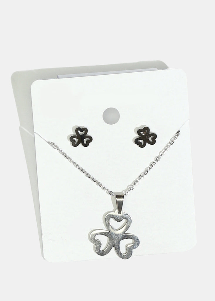 Clover Charm Necklace & Earrings Set Silver JEWELRY - Shop Miss A