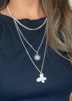 Flower & Butterfly Silver Necklace  JEWELRY - Shop Miss A