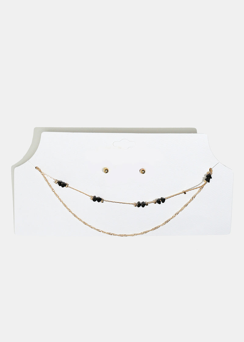Marble Stone Necklace with Ball Stud Earrings Gold Black JEWELRY - Shop Miss A