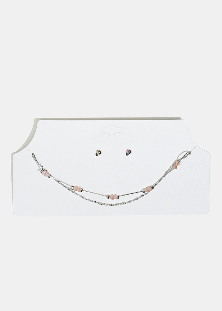 Marble Stone Necklace with Ball Stud Earrings Silver Pink JEWELRY - Shop Miss A
