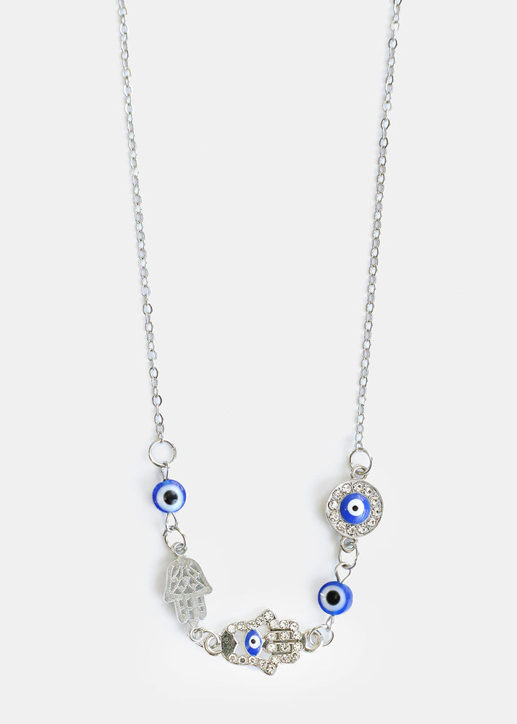 Hamsa Hands & Evil Eye Necklace Blue/silver JEWELRY - Shop Miss A