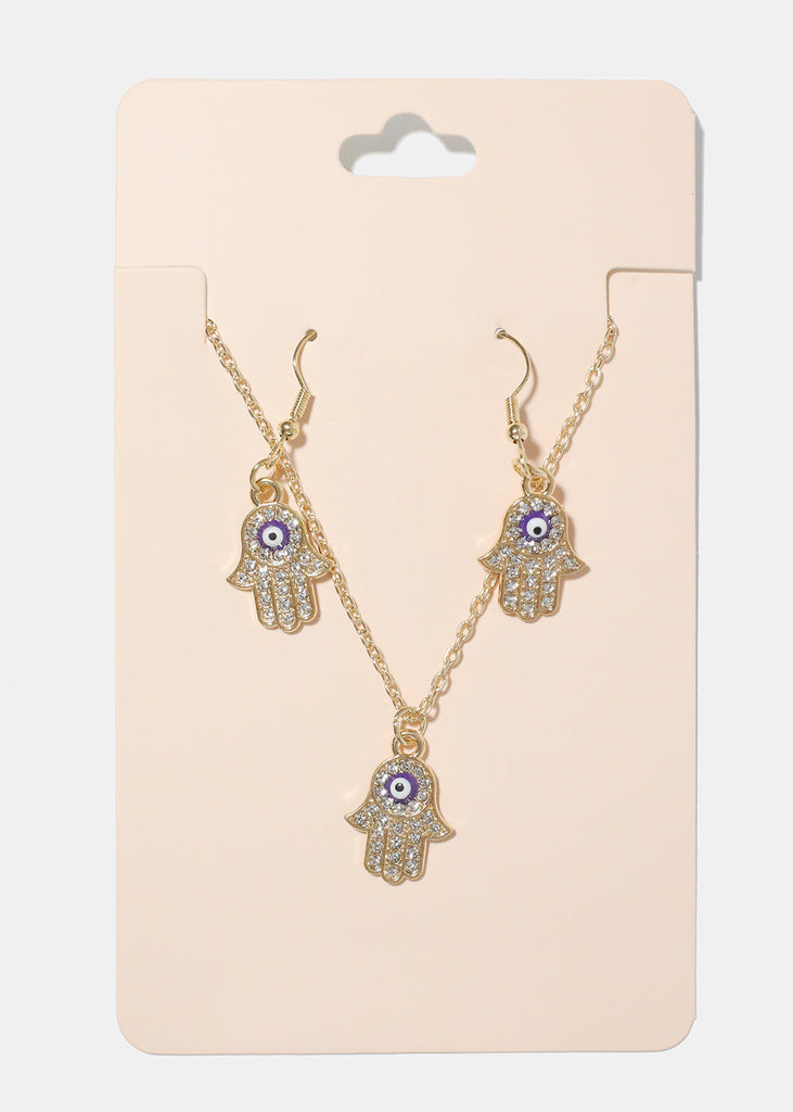 Hamsa Hand Necklace & Earring Set purple/gold JEWELRY - Shop Miss A