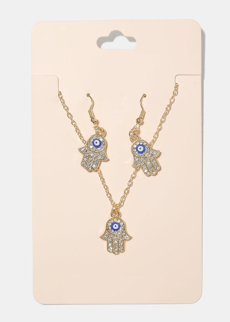 Hamsa Hand Necklace & Earring Set blue/gold JEWELRY - Shop Miss A