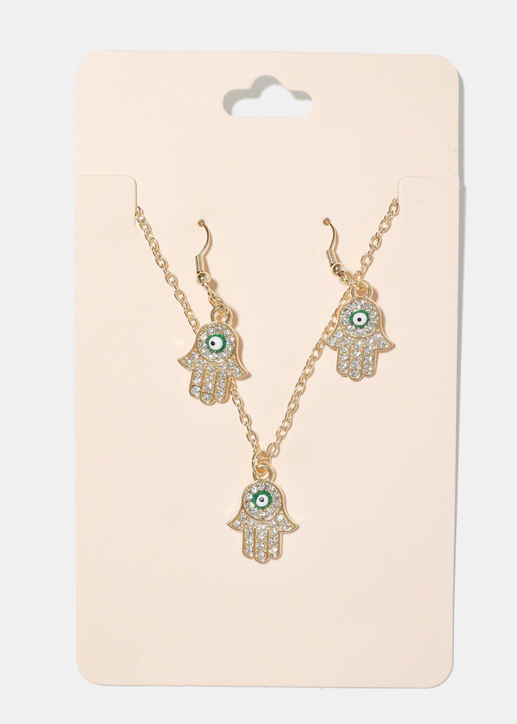 Hamsa Hand Necklace & Earring Set green/gold JEWELRY - Shop Miss A
