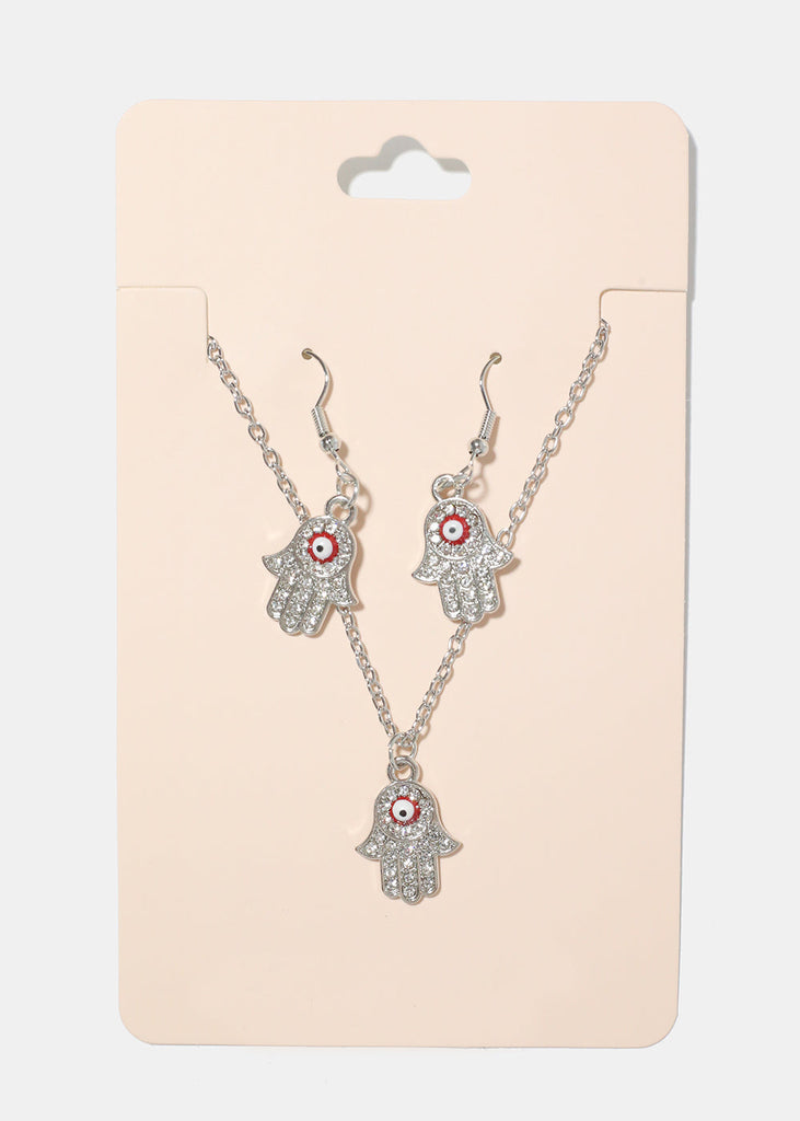 Hamsa Hand Necklace & Earring Set red/silver JEWELRY - Shop Miss A