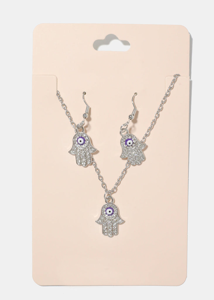 Hamsa Hand Necklace & Earring Set purple/silver JEWELRY - Shop Miss A