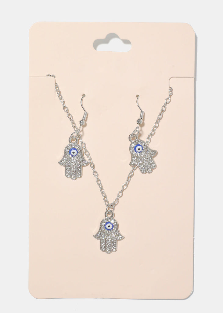 Hamsa Hand Necklace & Earring Set blue/silver JEWELRY - Shop Miss A