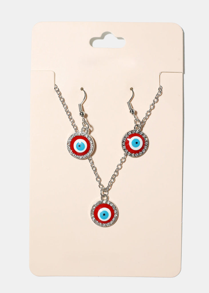 Evil Eye & Necklace Earring Set Red/Silver JEWELRY - Shop Miss A