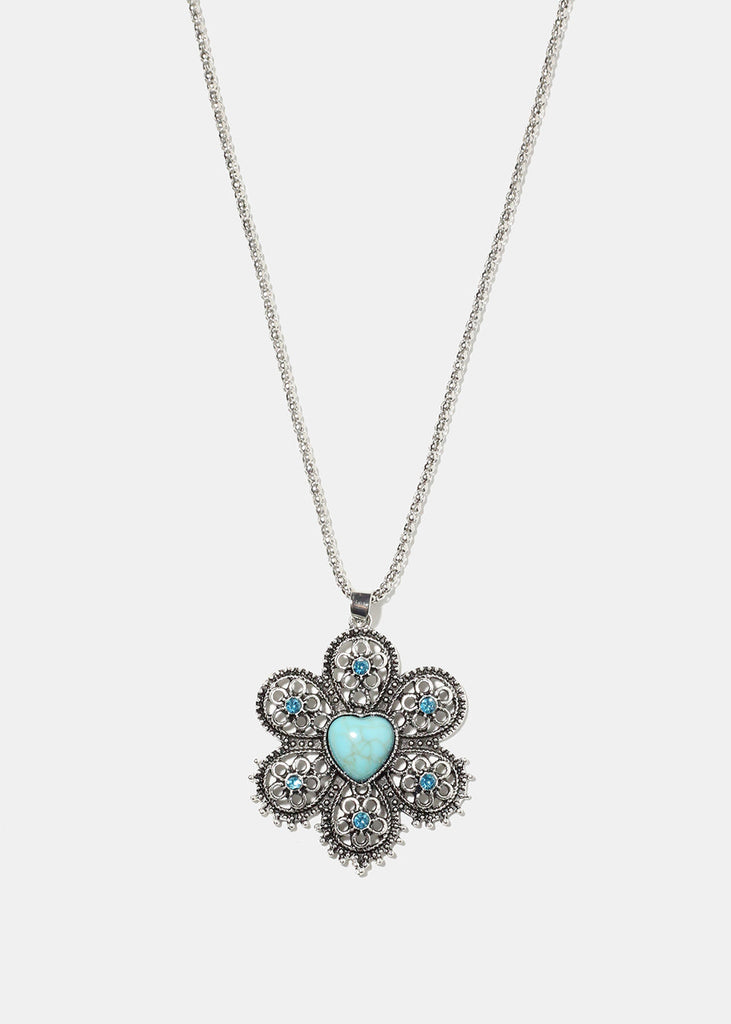 Turquoise Flower Necklace Silver JEWELRY - Shop Miss A