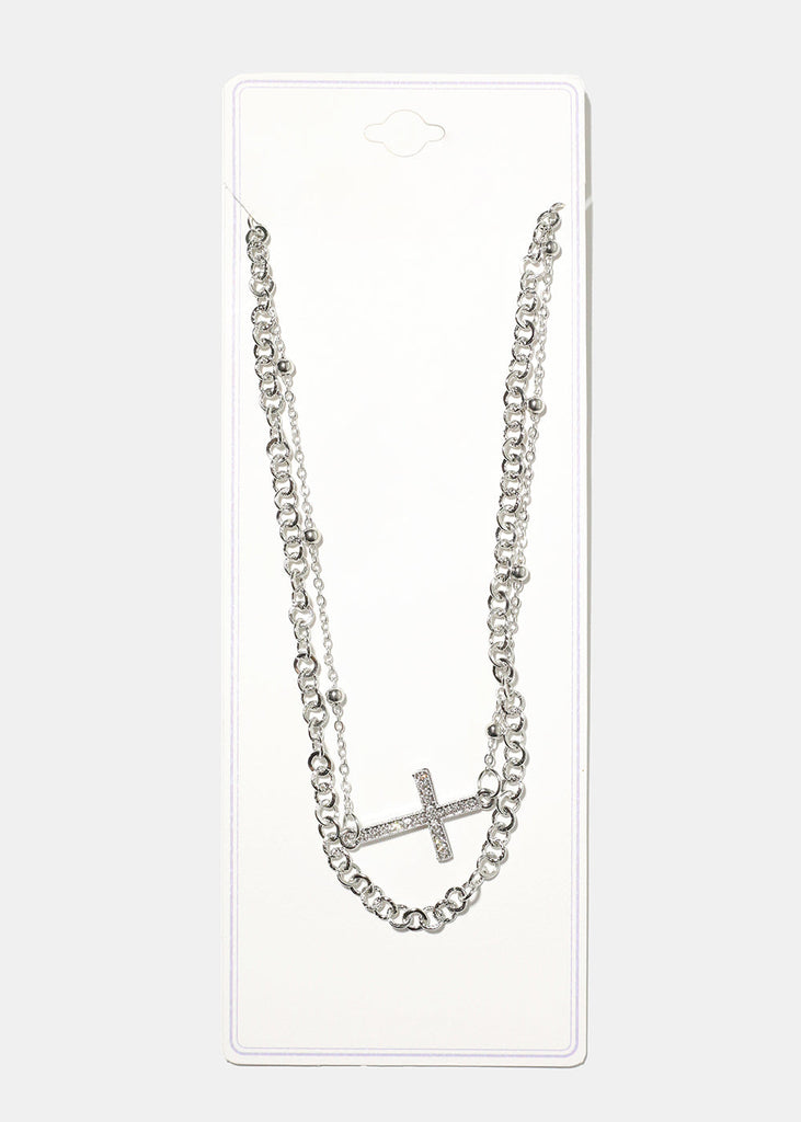 Layered Necklace with Cross Silver JEWELRY - Shop Miss A