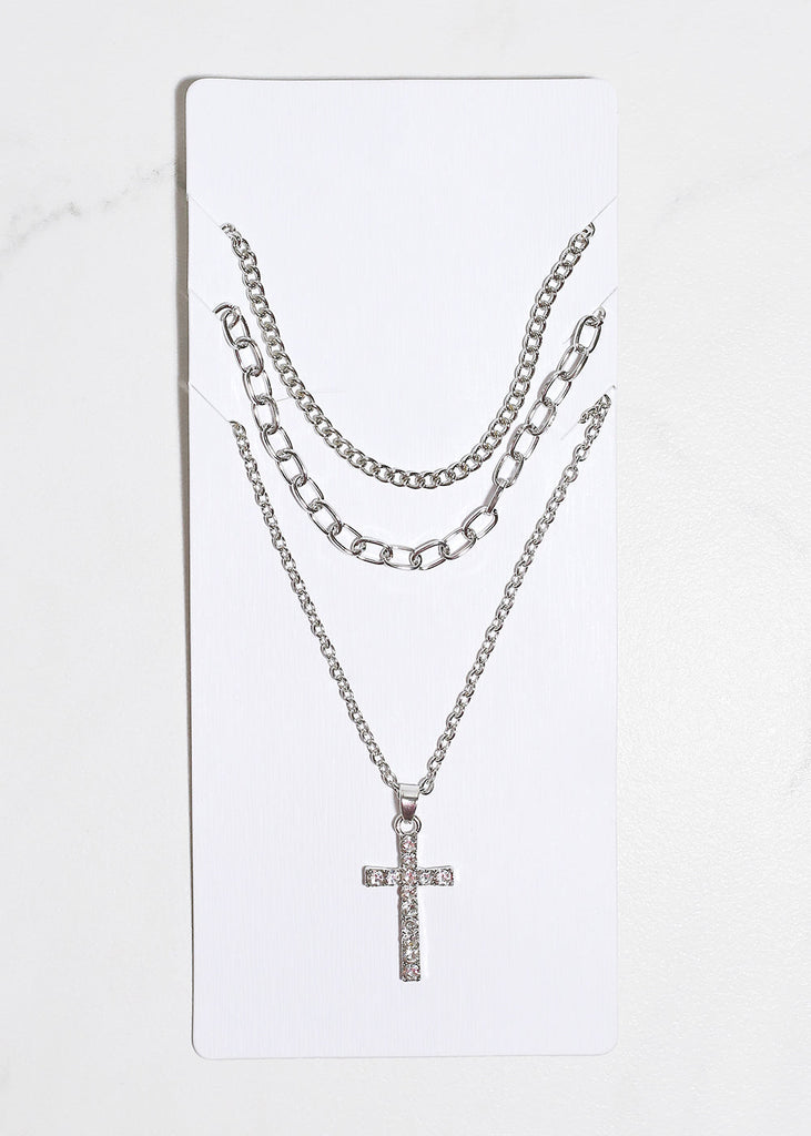 3 Layered Rhinestone Cross Necklace Silver JEWELRY - Shop Miss A