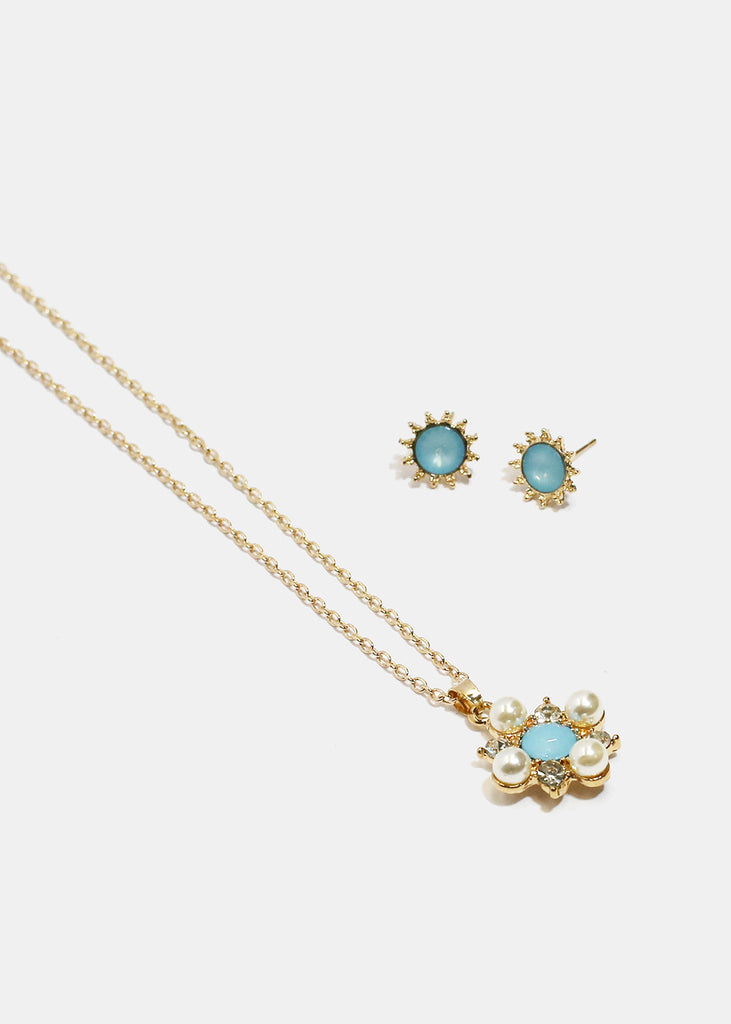 Flower Necklace & Earrings Set Gold/Blue JEWELRY - Shop Miss A