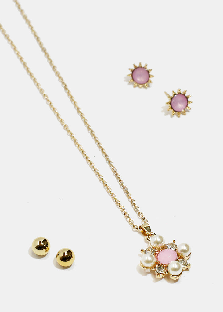 Flower Necklace & Earrings Set Gold/Pink JEWELRY - Shop Miss A
