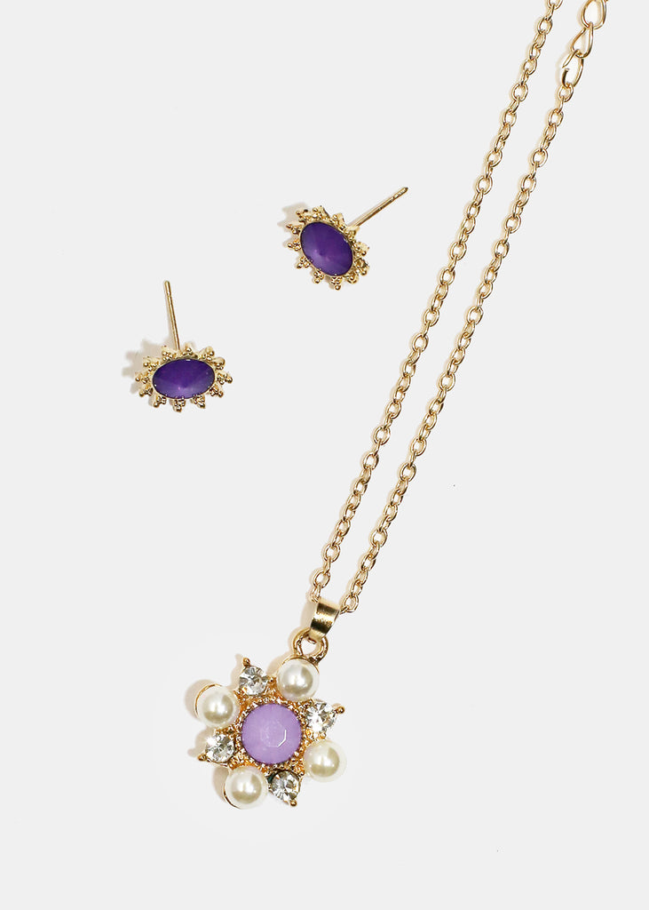 Flower Necklace & Earrings Set Gold/Purple JEWELRY - Shop Miss A