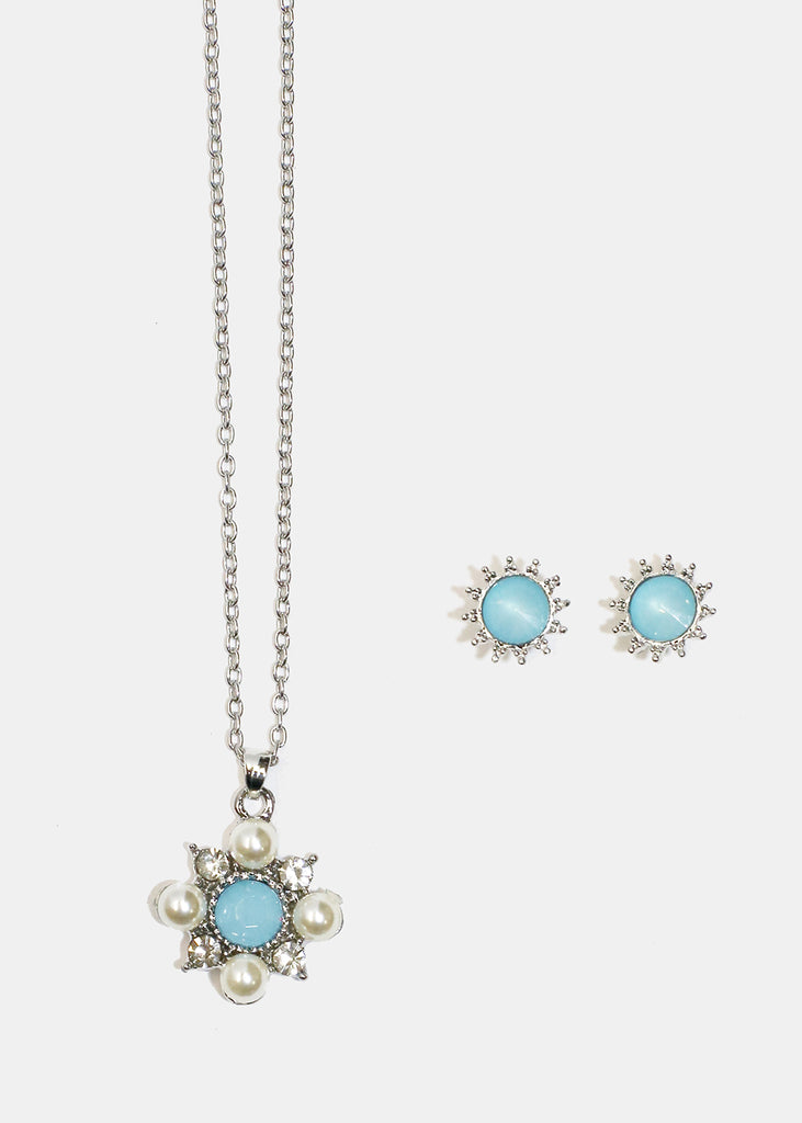 Flower Necklace & Earrings Set Silver/Blue JEWELRY - Shop Miss A