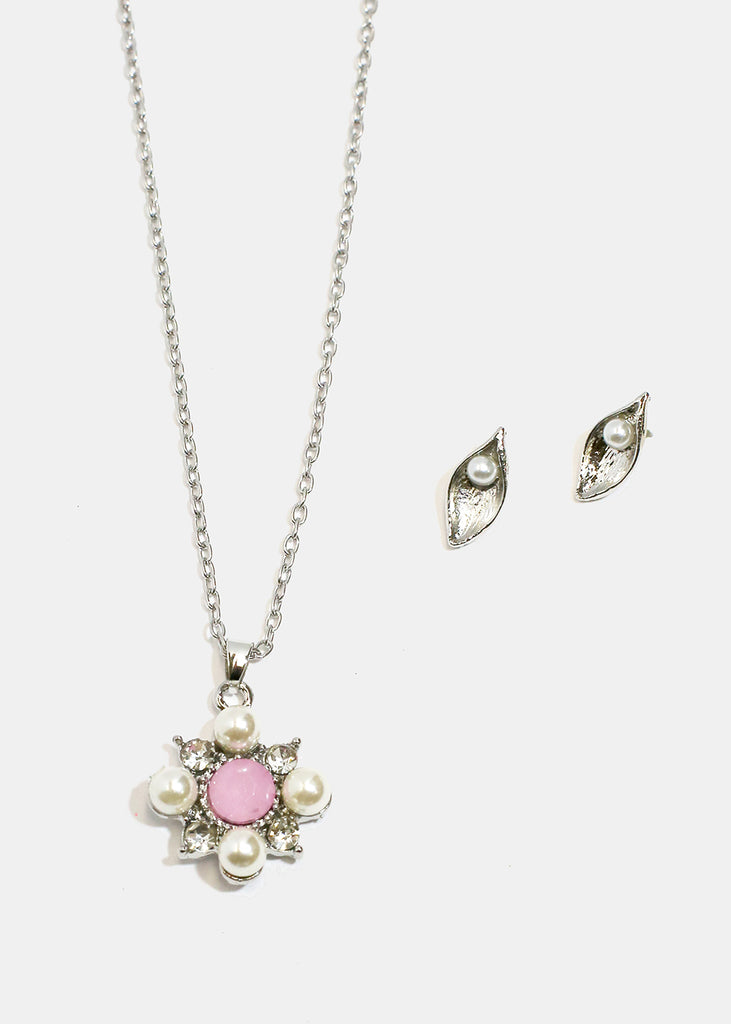 Flower Necklace & Earrings Set Silver/Pink JEWELRY - Shop Miss A