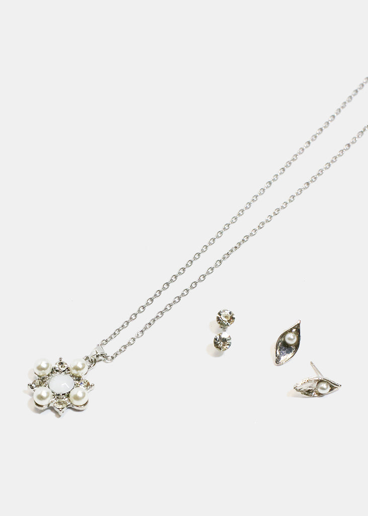 Flower Necklace & Earrings Set Silver/Clear JEWELRY - Shop Miss A