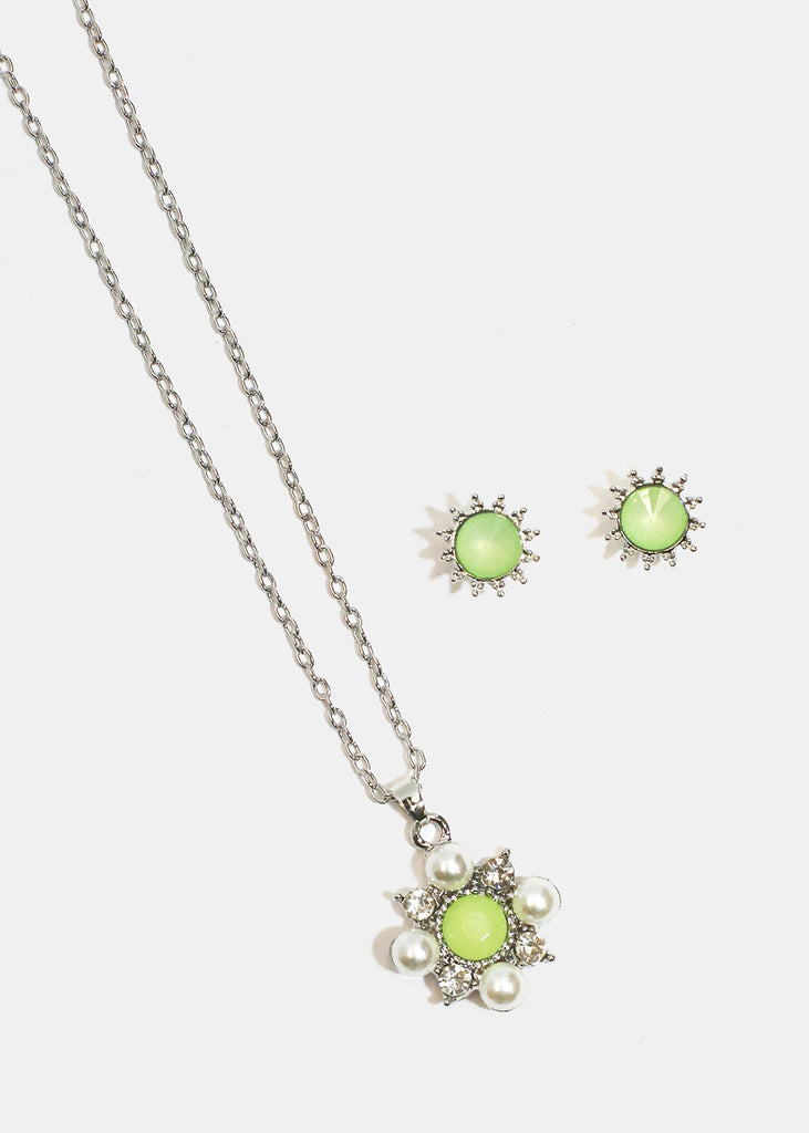 Flower Necklace & Earrings Set Silver/Green JEWELRY - Shop Miss A