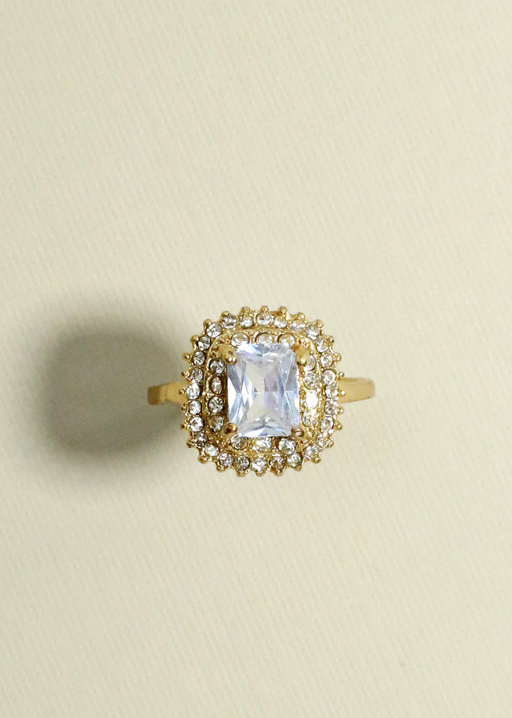 Rhinestone & Square Gemstone Ring Gold JEWELRY - Shop Miss A