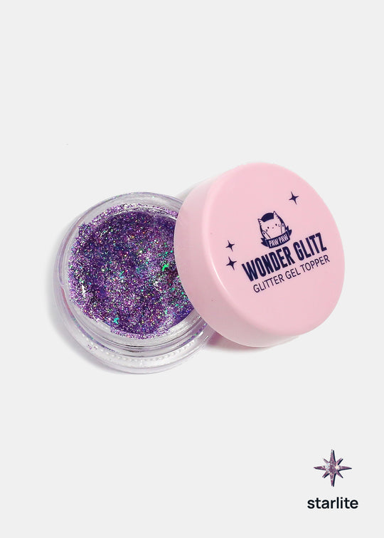 An open pot of purple glitter gel with a pink lid