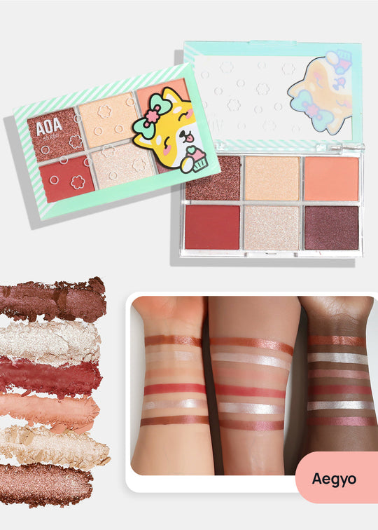 A photo of an eyeshadow palette above images of each color and swatches of the colors on three arms